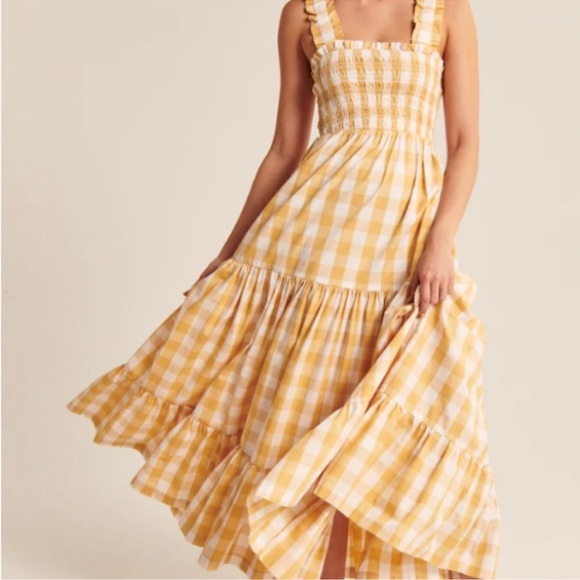 Abercrombie & fitch Yellow Gingham Women's tired maxi Dress - Picture 1 of 3